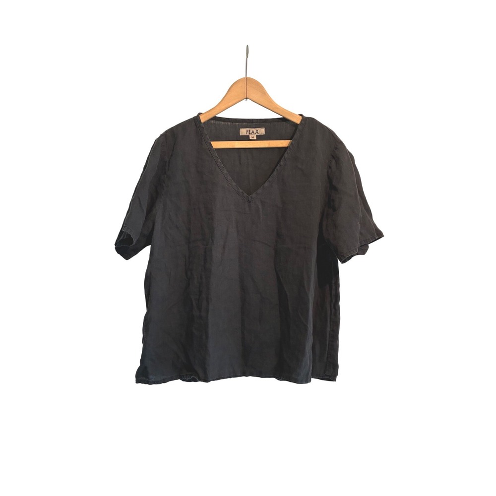 FLAX Black 100% Linen Boxy Top Womens Medium Lithuania Natural Fiber Lagenlook